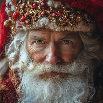 A man dressed as Santa Claus showcases a detailed hat and a thoughtful look embodying the holiday spirit and festive cheer.
