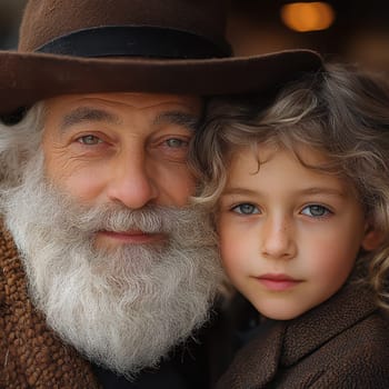A grandfather and his grandson pose closely together smiling warmly showcasing their affectionate bond in a natural setting.