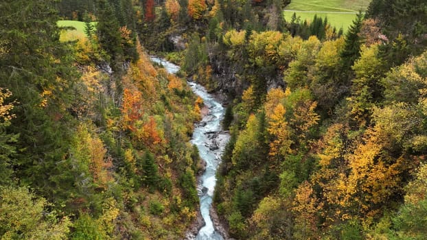 Drone image of the Jochbach in the Lechtal in Tyrol in Austria in fall