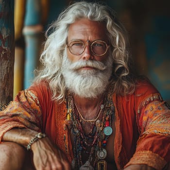 An elderly man with long white hair and a beard sits wearing colorful attire and numerous necklaces exuding a calm and wise aura.