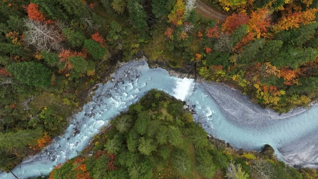 Drone shot of Hornbach in Lechtal in Tyrol in Austria in fall