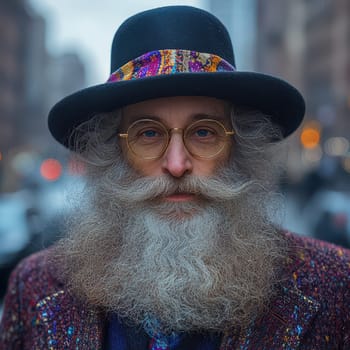 A gentleman with a long beard and stylish glasses stands confidently on a bustling city street filled with vibrant surroundings.