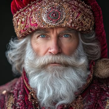 A man dressed in elegant red garments with intricate details showcasing a grand silver beard and piercing blue eyes exuding a timeless charm.