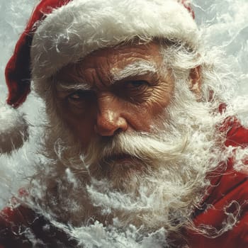 An elderly man dressed as Santa Claus gazes intently while wintery clouds swirl around him evoking a sense of wonder and magic.
