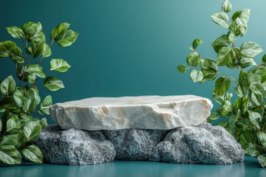 A serene composition featuring a natural stone display surrounded by lush green leaves. Ideal for showcasing minimalism and tranquility in various design contexts.