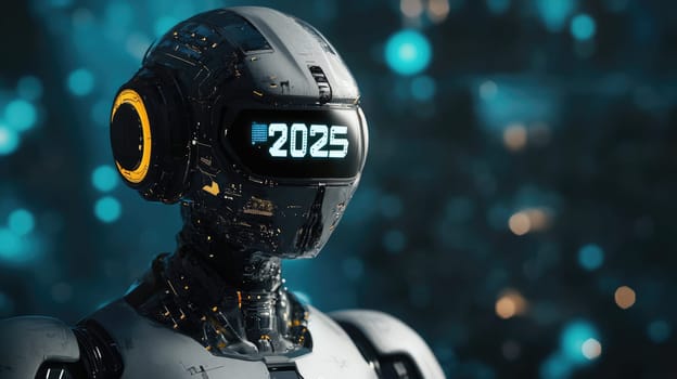 Robot android head with 2025 number on digital cyberspace background. New Year greeting card with abstract texture.