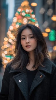 Beautiful young model looking Asian woman wearing winter clothes in city street with illuminated Christmas tree at night. Festive holiday background.