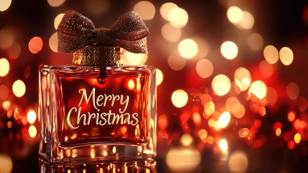 Transparent perfume bottle with Merry Christmas text and a bow on golden and red bokeh background with copy space. New Year gift.