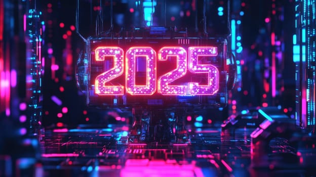 2025 number on digital cyberspace background. New Year and Christmas greeting card with abstract technological texture.