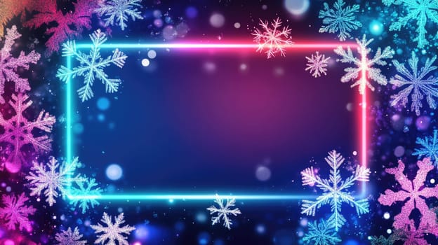 Colourful Christmas neon frame with snowflakes, copy space for text. Festive winter New Year holiday season background.