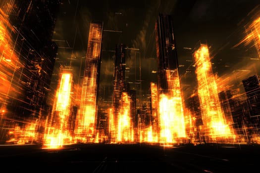 A captivating view of a glowing futuristic city skyline, showcasing illuminated skyscrapers that radiate vibrant lights against a dark backdrop, invoking a sense of high-tech wonder.