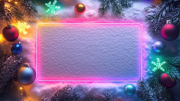 Colourful Christmas neon frame with snowflakes, baubles, garland and twigs on white background, copy space for text.
