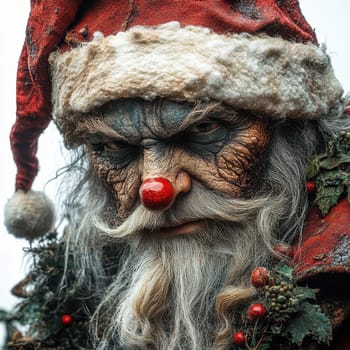 A figure with a red nose and weathered appearance is prominently featured in a winter festival evoking a sense of mystery and nostalgia.