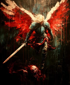 Archangel Michael in blue and red colors, with a sword drawn over a demon lying on a black background. AI generative.
