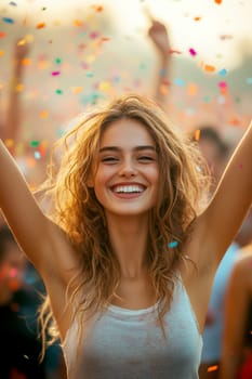 oung woman, celebrating with her arms raised high in the air, surrounded by colorful confetti.  AI generative.