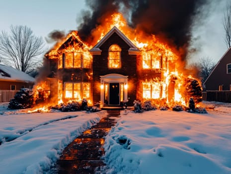 Burning house standing alone , backyard at night. AI generative.