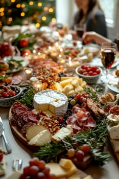 Creamy,  brie cheese with a soft rind on a cheese board. AI generative.