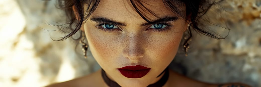 Close-up portrait of a middle-aged woman with black hair, blue eyes and dark red lipstick earrings and necklace. She has tattoos on her arms. AI generative.