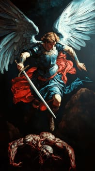 Archangel Michael in blue and red colors, with a sword drawn over a demon lying on a black background. AI generative.