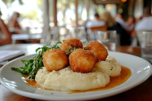 fried meatballs served with creamy mashed potatoes and a fresh green salad. AI generative.