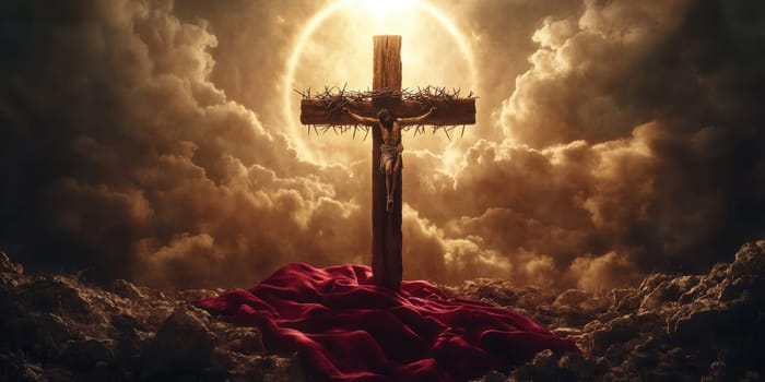 Wooden cross with crown of thorns. AI generative.