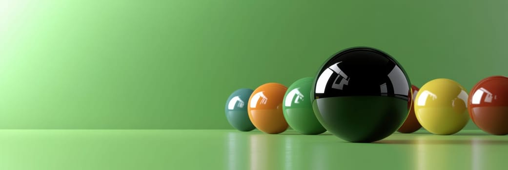 A black snooker ball with eight is placed on the green table, surrounded by other balls of different colors. The black billiard ball has no shadow and stands out against the background of bright green color, creating an atmosphere of excitement for playing. --chaos 30 --ar 3:1 --style raw --stylize 300 --v 6.1 Job ID: 1a584005-d66a-403e-a2d4-aaaef92e20e9