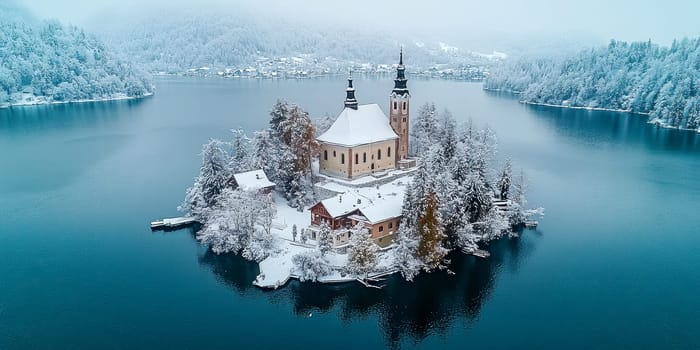 Church on an island on a lake in the mountains. AI generative.