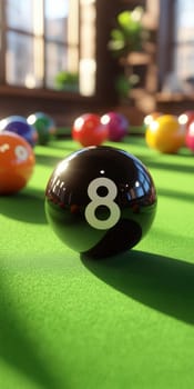 A black snooker ball with eight is placed on the green table, surrounded by other balls of different colors. The black billiard ball has no shadow and stands out against the background of bright green color, creating an atmosphere of excitement for playing. --chaos 30 --ar 1:2 --style raw --stylize 300 --v 6.1 Job ID: 793f077f-a1cb-4b8c-a232-aabc679e5dd6