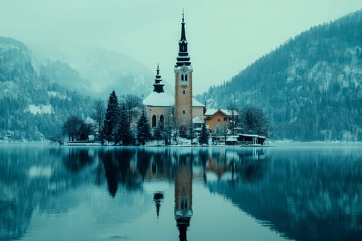 Church on an island on a lake in the mountains. AI generative.