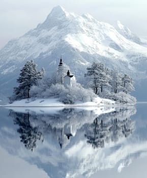Church on an island on a lake in the mountains. AI generative.
