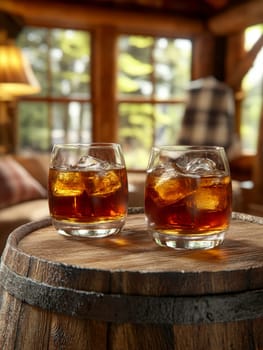 Two elegant, crystal-clear glasses of whiskey with ice cubes. AI generative.