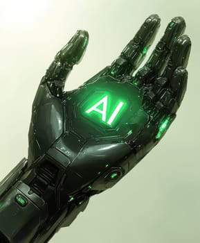 robot hand gently holding an 'AI' logo in its palm. AI generative.