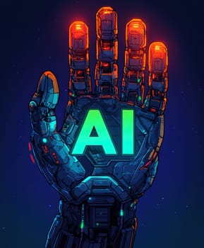 robot hand gently holding an 'AI' logo in its palm. AI generative.