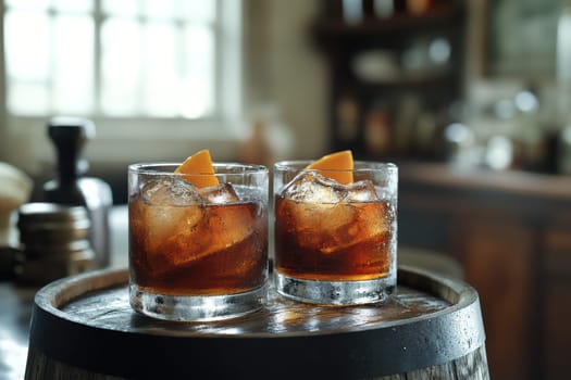 Two elegant, crystal-clear glasses of whiskey with ice cubes. AI generative.