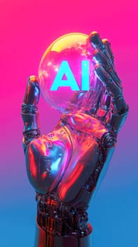 robot hand gently holding an 'AI' logo in its palm. AI generative.