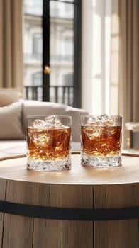 Two elegant, crystal-clear glasses of whiskey with ice cubes. AI generative.