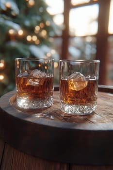 Two elegant, crystal-clear glasses of whiskey with ice cubes. AI generative.