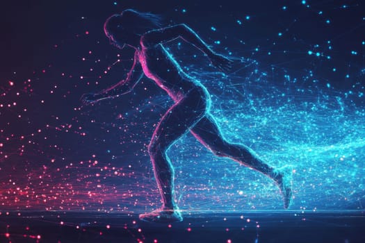 Polygonal athlete running, surrounded by glowing lines and dots, representing neural pathways and scientific analysis