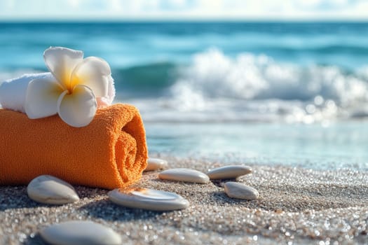 Rolled beach towels and flower evoke a relaxing spa treatment atmosphere on a sunny beach