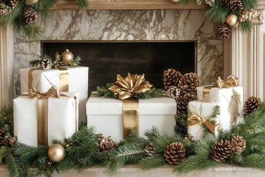 White gift boxes with golden ribbons, pine cones, golden christmas balls and fir branches decorating a fireplace