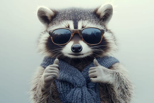 Funny raccoon wearing sunglasses and sweater making thumbs up gesture