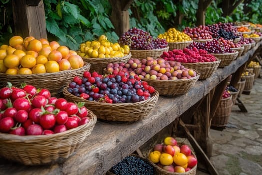 Wicker baskets overflowing with colorful fruits and berries create a vibrant display on rustic wooden shelves at a farmers market