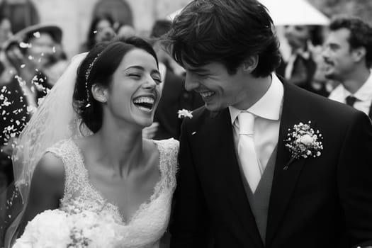 Bride and groom laughing while confetti is falling on them during wedding ceremony