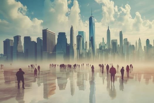 Crowd walking towards new york city skyline reflecting on wet pavement under cloudy sky