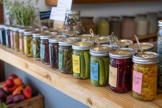 Jars filled with colorful pickled vegetables and other preserved foods are neatly arranged on a wooden shelf, creating an enticing display