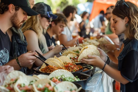 Festivalgoers grabbing tacos from a buffet table at an outdoor street food market, enjoying delicious mexican cuisine