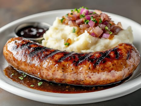 Traditional Polish dish, potatoes with baked kielbasa and onion sauce. AI generative.