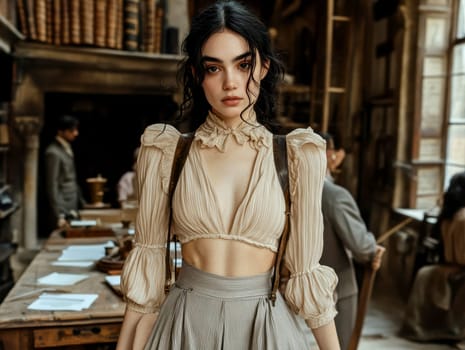 a vintage woman with black hair posing in front of a desk in an office,. AI generative.