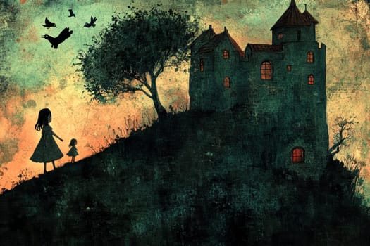 Little girls playing in the garden,in the sky birds and in the distance you can see the house.AI generative.