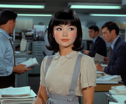 a vintage woman with black hair posing in front of a desk in an office,. AI generative.